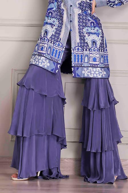 Alpona Designs By Soham Acharya_Blue Crepe, Linen Multi Layered Sharara _Online_at_Aza_Fashions