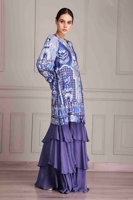 Buy_Alpona Designs By Soham Acharya_Blue Crepe, Linen Multi Layered Sharara _Online_at_Aza_Fashions