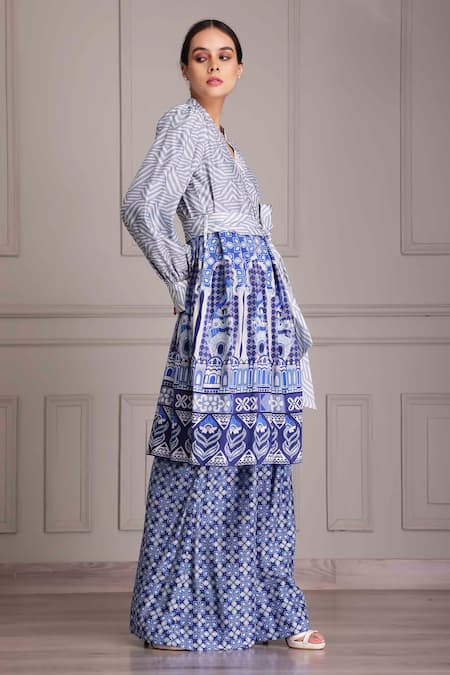 Buy_Alpona Designs By Soham Acharya_Blue Cotton, Silk Palace Jaal Print Pant _Online_at_Aza_Fashions