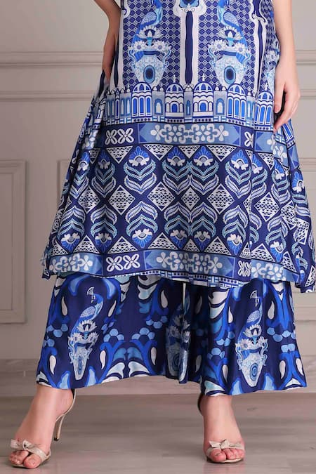 Buy_Alpona Designs By Soham Acharya_Blue Cotton, Silk Palace Print Flared Pant _Online_at_Aza_Fashions