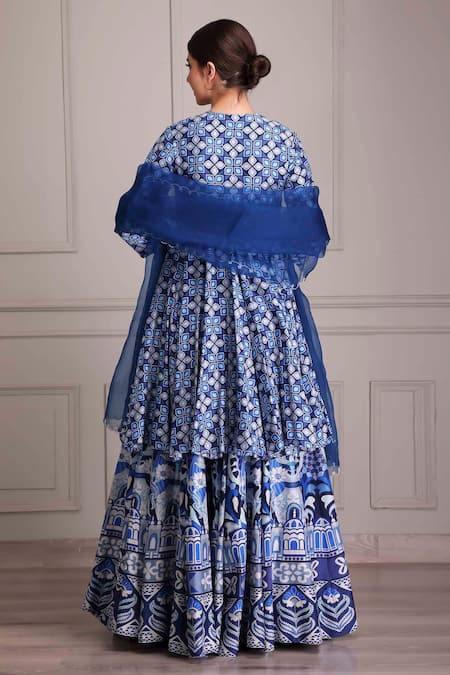 Shop_Alpona Designs By Soham Acharya_Blue , Satin Palace Print Flared Skirt _at_Aza_Fashions