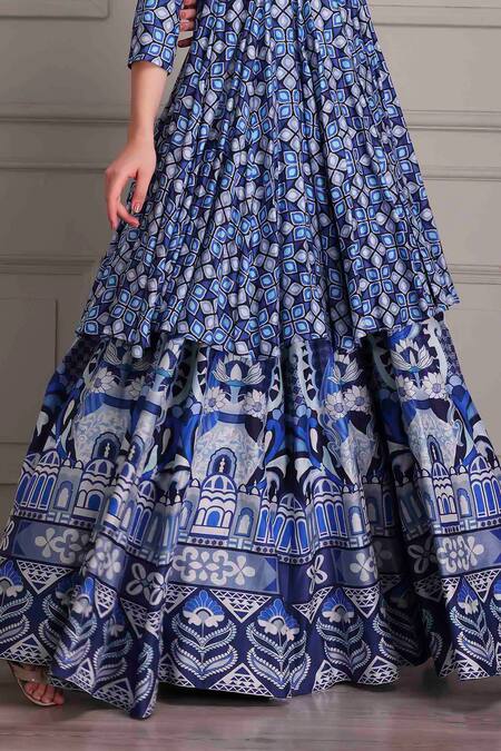 Alpona Designs By Soham Acharya_Blue , Satin Palace Print Flared Skirt _Online_at_Aza_Fashions
