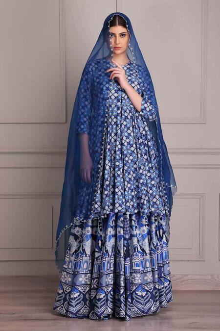 Buy_Alpona Designs By Soham Acharya_Blue , Satin Palace Print Flared Skirt _Online_at_Aza_Fashions