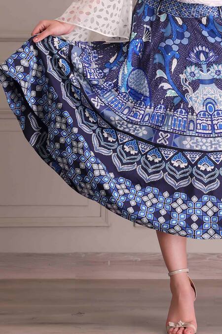 Alpona Designs By Soham Acharya_Blue Cotton, Silk Sequins, Embroidery Printed And Skirt _Online_at_Aza_Fashions