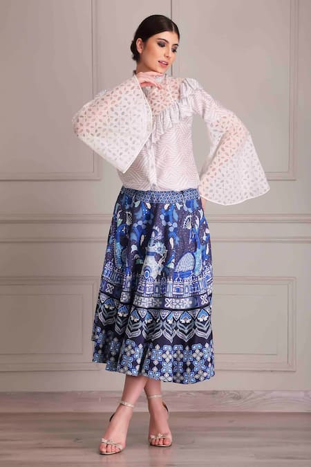 Buy_Alpona Designs By Soham Acharya_Blue Cotton, Silk Sequins, Embroidery Printed And Skirt _Online_at_Aza_Fashions