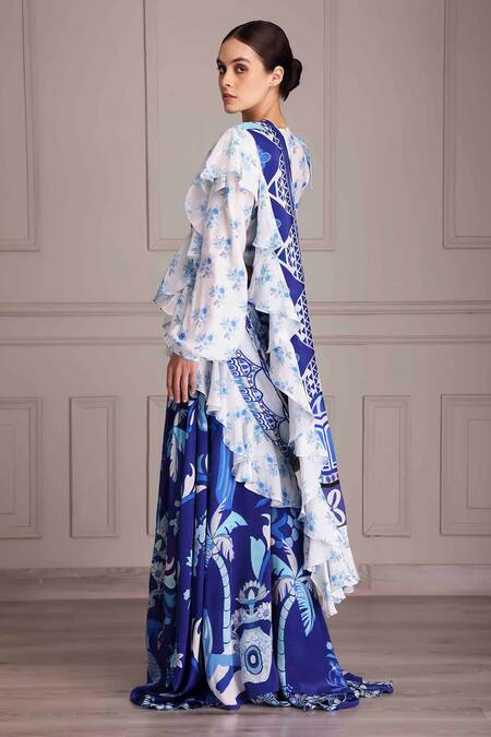 Buy_Alpona Designs By Soham Acharya_Blue Crepe, Cotton, Silk V-neck Printed Skirt Saree And Blouse Set _Online_at_Aza_Fashions