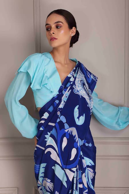 Alpona Designs By Soham Acharya_Blue Crepe, Linen V-neck Palace Print Saree And Blouse Set _Online_at_Aza_Fashions