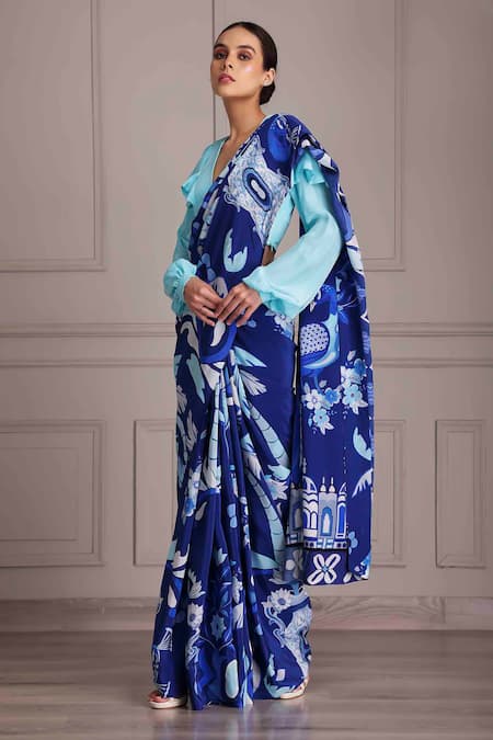Buy_Alpona Designs By Soham Acharya_Blue Crepe, Linen V-neck Palace Print Saree And Blouse Set _Online_at_Aza_Fashions