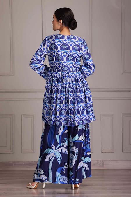 Alpona Designs By Soham Acharya Palm Print Peplum Anarkali & Flared Pant Set 