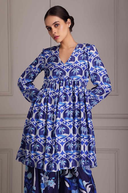 Alpona Designs By Soham Acharya_Blue Cotton V-neck Palm Print Peplum Anarkali And Flared Pant Set _Online_at_Aza_Fashions