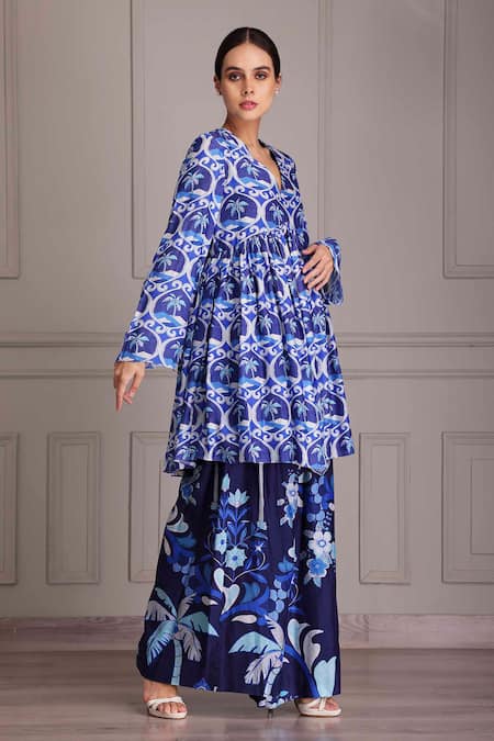 Buy_Alpona Designs By Soham Acharya_Blue Cotton V-neck Palm Print Peplum Anarkali And Flared Pant Set _Online_at_Aza_Fashions