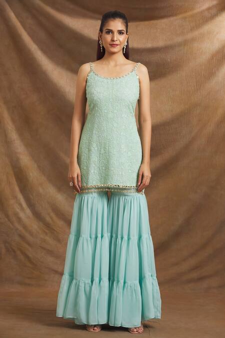 Buy Priti Sahni Green Georgette, Tulle Sequins, Mirrors Round Hand Embroidered Kurta Sharara Set Online at Aza Fashions Buy_Priti Sahni_Green Georgette, Tulle Sequins, Mirrors Round Hand Embroidered Kurta Sharara Set _Online_at_Aza_Fashions