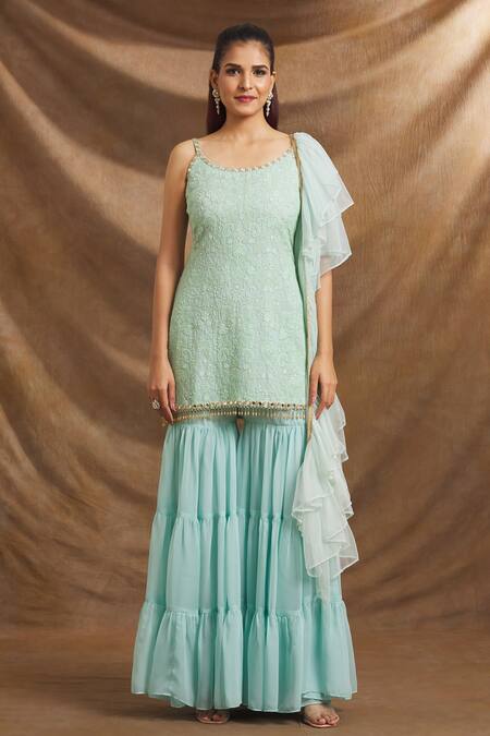 Shop Priti Sahni Green Georgette, Tulle Sequins, Mirrors Round Hand Embroidered Kurta Sharara Set Online at Aza Fashions Shop_Priti Sahni_Green Georgette, Tulle Sequins, Mirrors Round Hand Embroidered Kurta Sharara Set _Online_at_Aza_Fashions