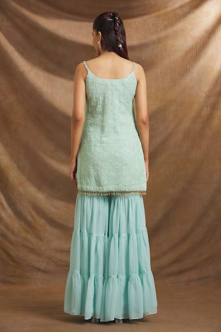 Priti Sahni Green Georgette, Tulle Sequins, Mirrors Round Hand Embroidered Kurta Sharara Set Online at Aza Fashions Priti Sahni_Green Georgette, Tulle Sequins, Mirrors Round Hand Embroidered Kurta Sharara Set _Online_at_Aza_Fashions