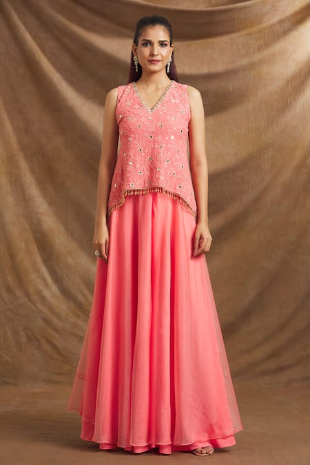 Buy Priti Sahni Coral Georgette, Organza Mirrors, Sequins, Embroidery Hand Top And Palazzo Set Online at Aza Fashions Buy_Priti Sahni_Coral Georgette, Organza Mirrors, Sequins, Embroidery Hand Top And Palazzo Set _Online_at_Aza_Fashions