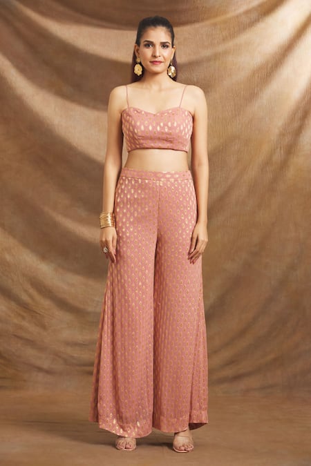 Buy_Priti Sahni_Pink Organza, Georgette Sequins, Embroidery V-neck, Sweetheart Top Palazzo Set _Online_at_Aza_Fashions