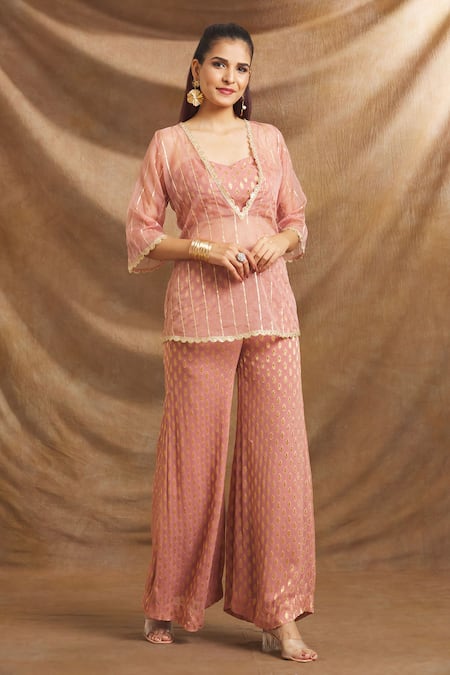 Shop_Priti Sahni_Pink Organza, Georgette Sequins, Embroidery V-neck, Sweetheart Top Palazzo Set _Online_at_Aza_Fashions