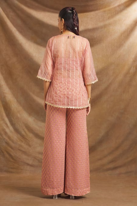 Priti Sahni_Pink Organza, Georgette Sequins, Embroidery V-neck, Sweetheart Top Palazzo Set _Online_at_Aza_Fashions