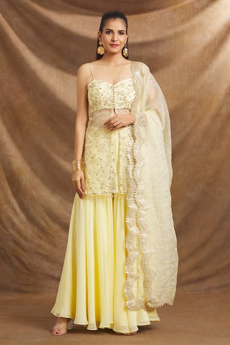 Priti Sahni Yellow Organza, Georgette Sequins, Zari Sweetheart Embroidered Kurta Gharara Set 