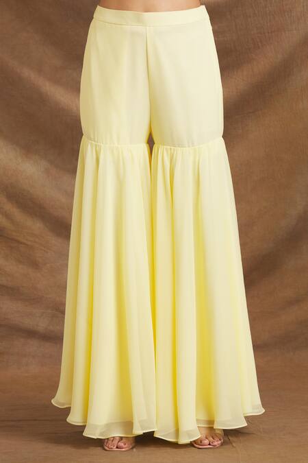 Shop Priti Sahni Yellow Organza, Georgette Sequins, Zari Sweetheart Embroidered Kurta Gharara Set Online at Aza Fashions Shop_Priti Sahni_Yellow Organza, Georgette Sequins, Zari Sweetheart Embroidered Kurta Gharara Set _Online_at_Aza_Fashions