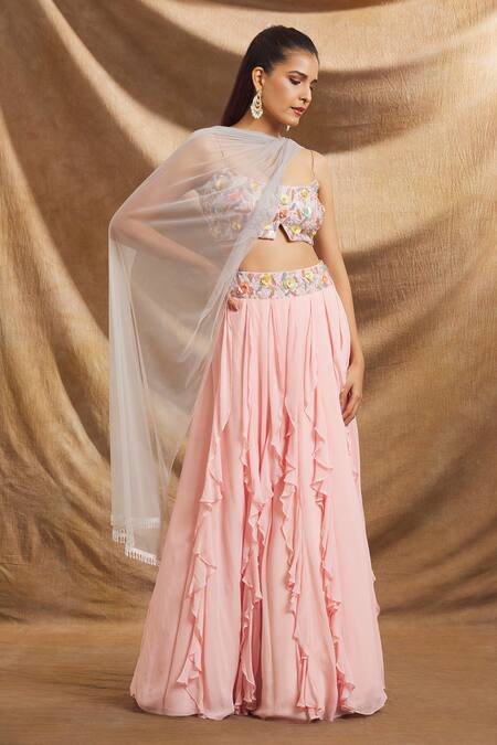 Buy_Priti Sahni_Pink Silk, Georgette, Tulle Beads, Sequins, Embroidery Hand Bustier Lehenga Set _Online_at_Aza_Fashions