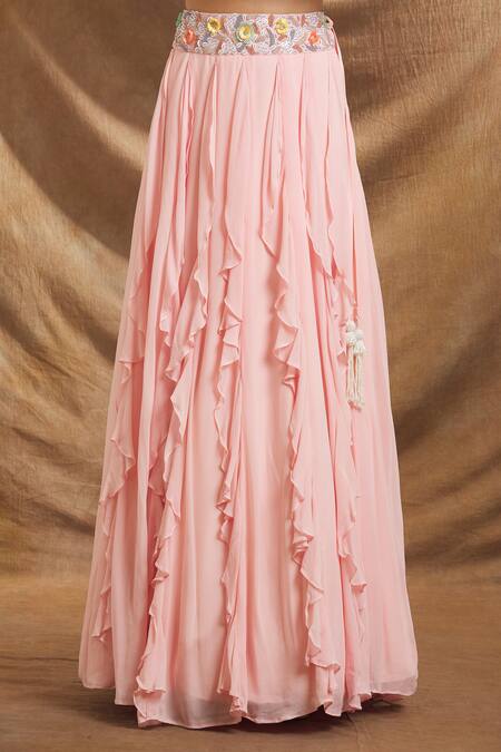Shop_Priti Sahni_Pink Silk, Georgette, Tulle Beads, Sequins, Embroidery Hand Bustier Lehenga Set _Online_at_Aza_Fashions