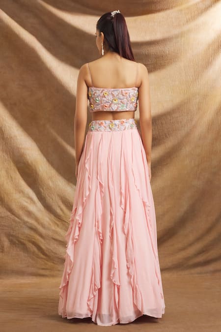 Priti Sahni_Pink Silk, Georgette, Tulle Beads, Sequins, Embroidery Hand Bustier Lehenga Set _Online_at_Aza_Fashions