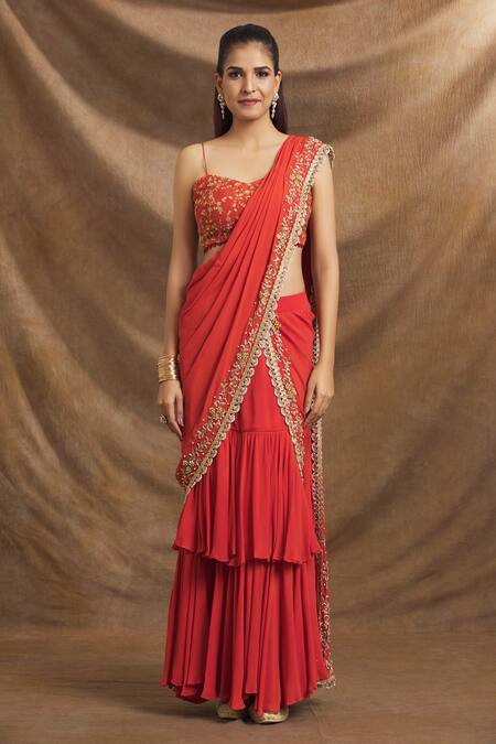 Buy_Priti Sahni_Red Georgette, Silk Border Embroidered Pre-stitched Ruffle Saree With Blouse _Online_at_Aza_Fashions