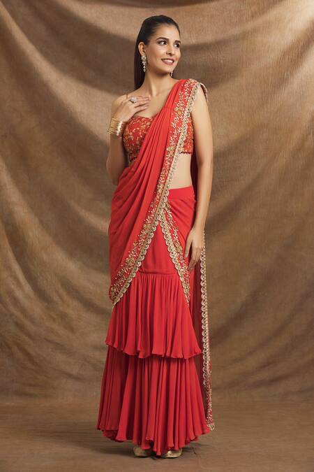 Shop_Priti Sahni_Red Georgette, Silk Border Embroidered Pre-stitched Ruffle Saree With Blouse _Online_at_Aza_Fashions