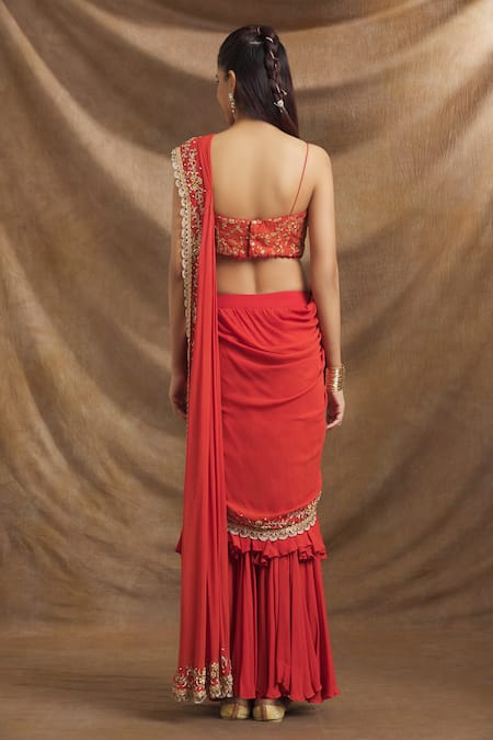 Priti Sahni Border Embroidered Pre-Stitched Ruffle Saree With Blouse 