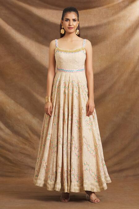 Buy Priti Sahni Beige Georgette Sequins Round Neck Hand Embroidered Gown Online at Aza Fashions Buy_Priti Sahni_Beige Georgette Sequins Round Neck Hand Embroidered Gown _Online_at_Aza_Fashions