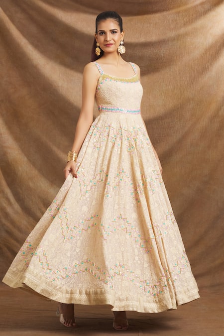 Shop Priti Sahni Beige Georgette Sequins Round Neck Hand Embroidered Gown Online at Aza Fashions Shop_Priti Sahni_Beige Georgette Sequins Round Neck Hand Embroidered Gown _Online_at_Aza_Fashions