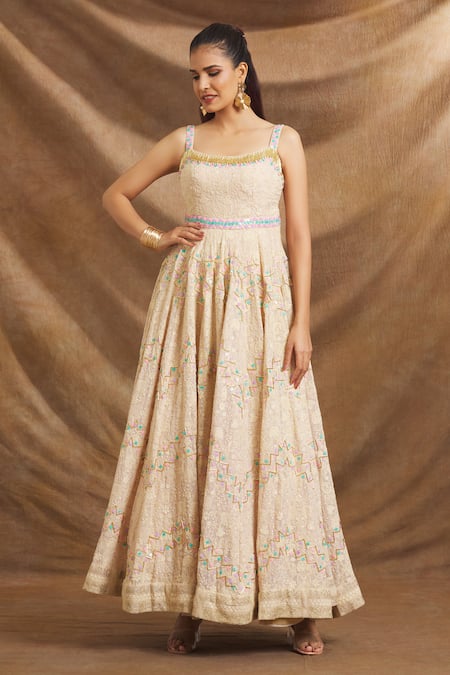 Priti Sahni Beige Georgette Sequins Round Neck Hand Embroidered Gown at Aza Fashions Priti Sahni_Beige Georgette Sequins Round Neck Hand Embroidered Gown _at_Aza_Fashions