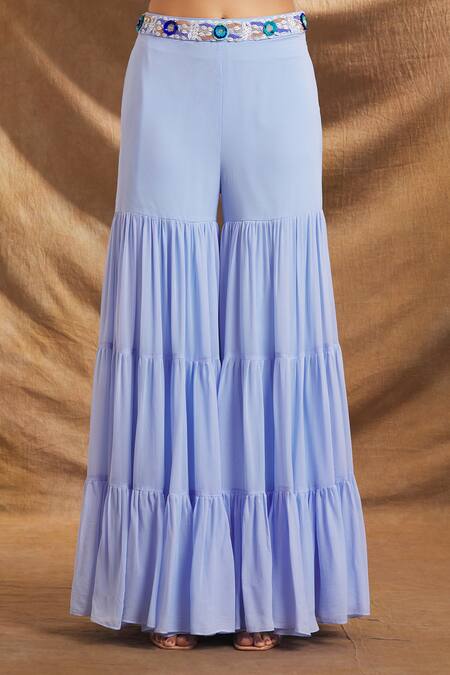 Buy_Priti Sahni_Blue Silk, Georgette Sequins, Beads One Hand Embroidered Blouse And Sharara Set _Online_at_Aza_Fashions