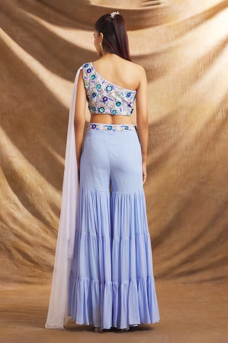 Priti Sahni_Blue Silk, Georgette Sequins, Beads One Hand Embroidered Blouse And Sharara Set _Online_at_Aza_Fashions