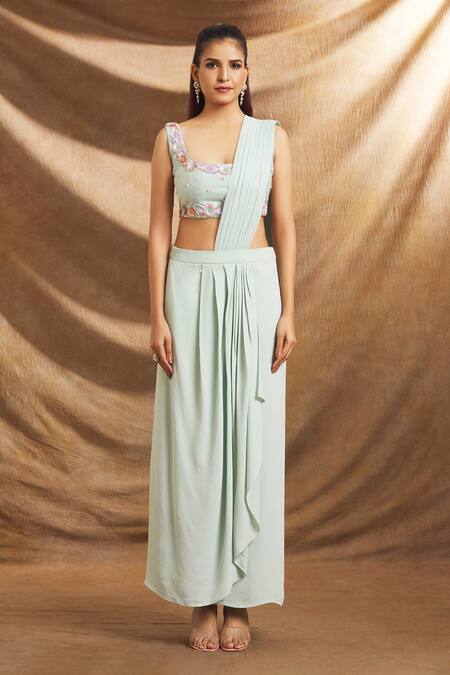 Buy_Priti Sahni_Green Georgette, Silk Sequins, Beads Pre-draped Saree With Embroidered Blouse _Online_at_Aza_Fashions