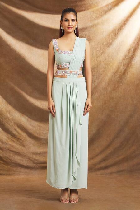 Shop_Priti Sahni_Green Georgette, Silk Sequins, Beads Pre-draped Saree With Embroidered Blouse _Online_at_Aza_Fashions