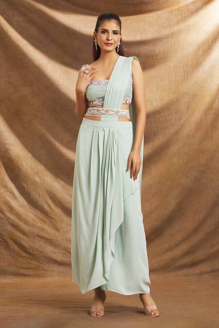 Priti Sahni_Green Georgette, Silk Sequins, Beads Pre-draped Saree With Embroidered Blouse _at_Aza_Fashions