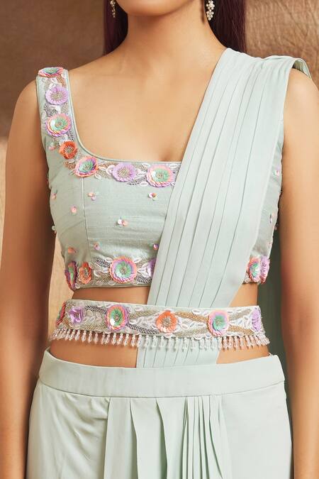 Buy_Priti Sahni_Green Georgette, Silk Sequins, Beads Pre-draped Saree With Embroidered Blouse 