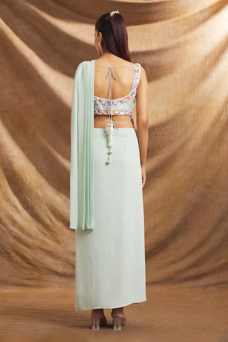 Priti Sahni_Green Georgette, Silk Sequins, Beads Pre-draped Saree With Embroidered Blouse _Online_at_Aza_Fashions