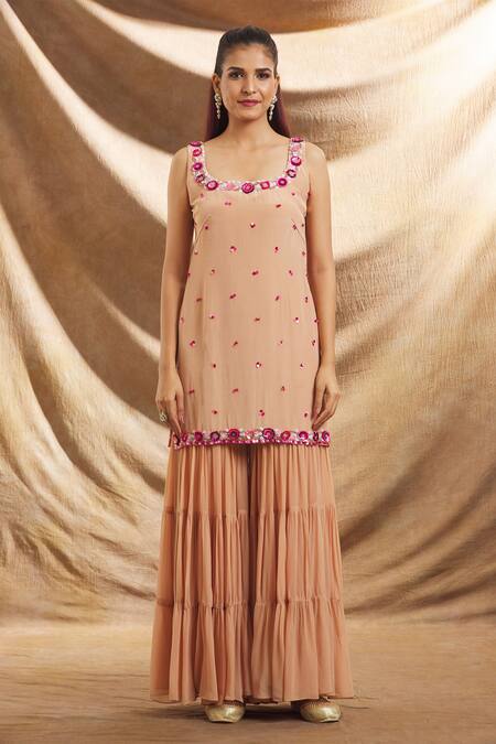 Buy Priti Sahni Beige Silk, Georgette, Tulle Sequins, Beads Hand Embroidered Kurta Sharara Set Online at Aza Fashions Buy_Priti Sahni_Beige Silk, Georgette, Tulle Sequins, Beads Hand Embroidered Kurta Sharara Set _Online_at_Aza_Fashions