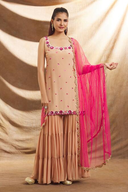 Shop Priti Sahni Beige Silk, Georgette, Tulle Sequins, Beads Hand Embroidered Kurta Sharara Set Online at Aza Fashions Shop_Priti Sahni_Beige Silk, Georgette, Tulle Sequins, Beads Hand Embroidered Kurta Sharara Set _Online_at_Aza_Fashions