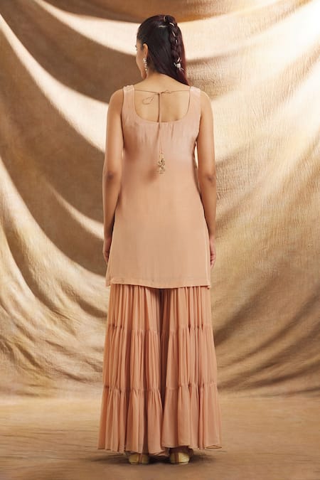 Priti Sahni Beige Silk, Georgette, Tulle Sequins, Beads Hand Embroidered Kurta Sharara Set Online at Aza Fashions Priti Sahni_Beige Silk, Georgette, Tulle Sequins, Beads Hand Embroidered Kurta Sharara Set _Online_at_Aza_Fashions