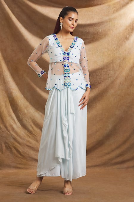 Priti Sahni Blue Organza, Modal, Satin Sequins, Hand Embroidered Peplum Top And Skirt Set 