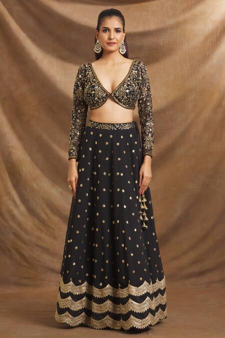 Buy_Priti Sahni_Black Georgette, Organza Sequins, Beads, Zari Hand Embroidered Lehenga Set _Online_at_Aza_Fashions