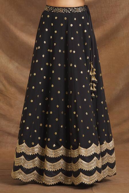 Priti Sahni_Black Georgette, Organza Sequins, Beads, Zari Hand Embroidered Lehenga Set _at_Aza_Fashions