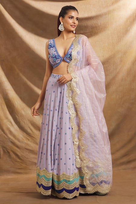 Buy Priti Sahni Blue Georgette, Organza Sequins, Beads V-neck Floral Lehenga Set Online at Aza Fashions Buy_Priti Sahni_Blue Georgette, Organza Sequins, Beads V-neck Floral Lehenga Set _Online_at_Aza_Fashions