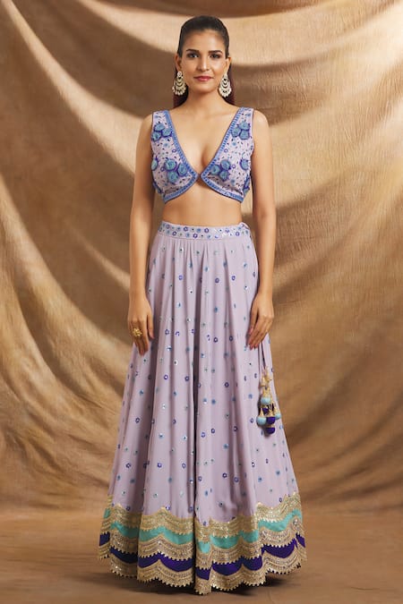 Priti Sahni Blue Georgette, Organza Sequins, Beads V-neck Floral Lehenga Set at Aza Fashions Priti Sahni_Blue Georgette, Organza Sequins, Beads V-neck Floral Lehenga Set _at_Aza_Fashions