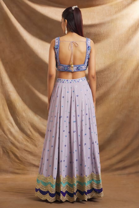Priti Sahni Blue Georgette, Organza Sequins, Beads V-neck Floral Lehenga Set Online at Aza Fashions Priti Sahni_Blue Georgette, Organza Sequins, Beads V-neck Floral Lehenga Set _Online_at_Aza_Fashions