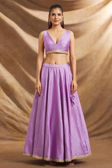 Buy_Priti Sahni_Purple Silk, Organza Sequins, Embroidery, Pearls V-neck Hand Blouse Lehenga Set _Online_at_Aza_Fashions